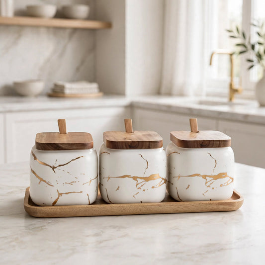 Elevate Your Kitchen Aesthetics with the Nordic Gold Marble Jar Set