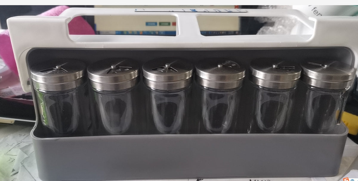 Stylish and Space-Saving Seasoning Bottle Storage Rack - Modern Spice Jar Organizer with 6 Glass Bottles for Your Kitchen