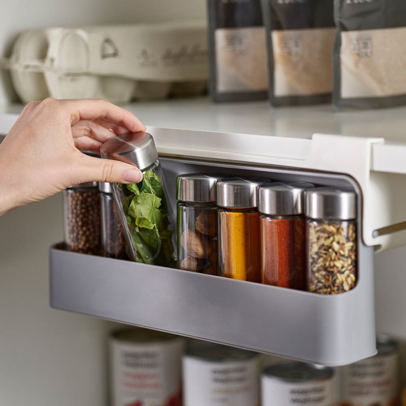 Stylish and Space-Saving Seasoning Bottle Storage Rack - Modern Spice Jar Organizer with 6 Glass Bottles for Your Kitchen